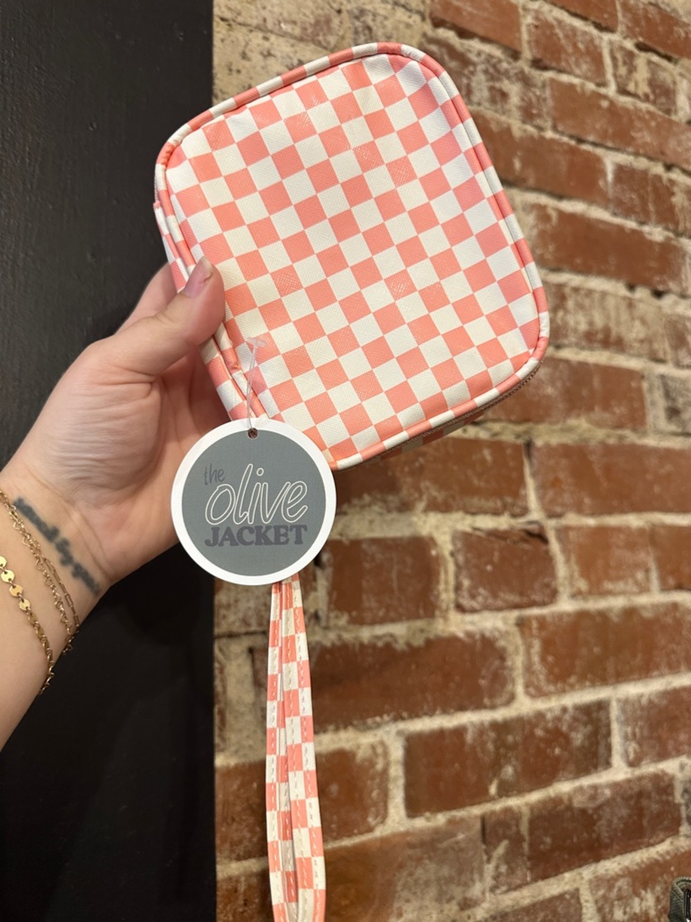 The Olive Jacket Pink & White Checker Wristlet Case